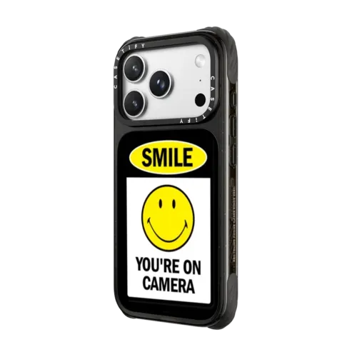 SMILE! Caution You're On Camera Phone Case - White Print Edition - iPhone 18 Pro Max - Ultra Impact Case MagSafe Compatible - Glossy